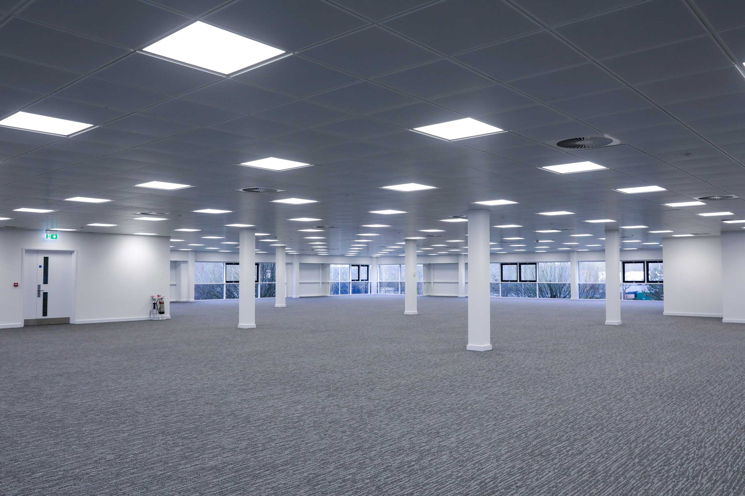 Large, empty office space with carpeted floor, white pillars, and ceiling lights.
