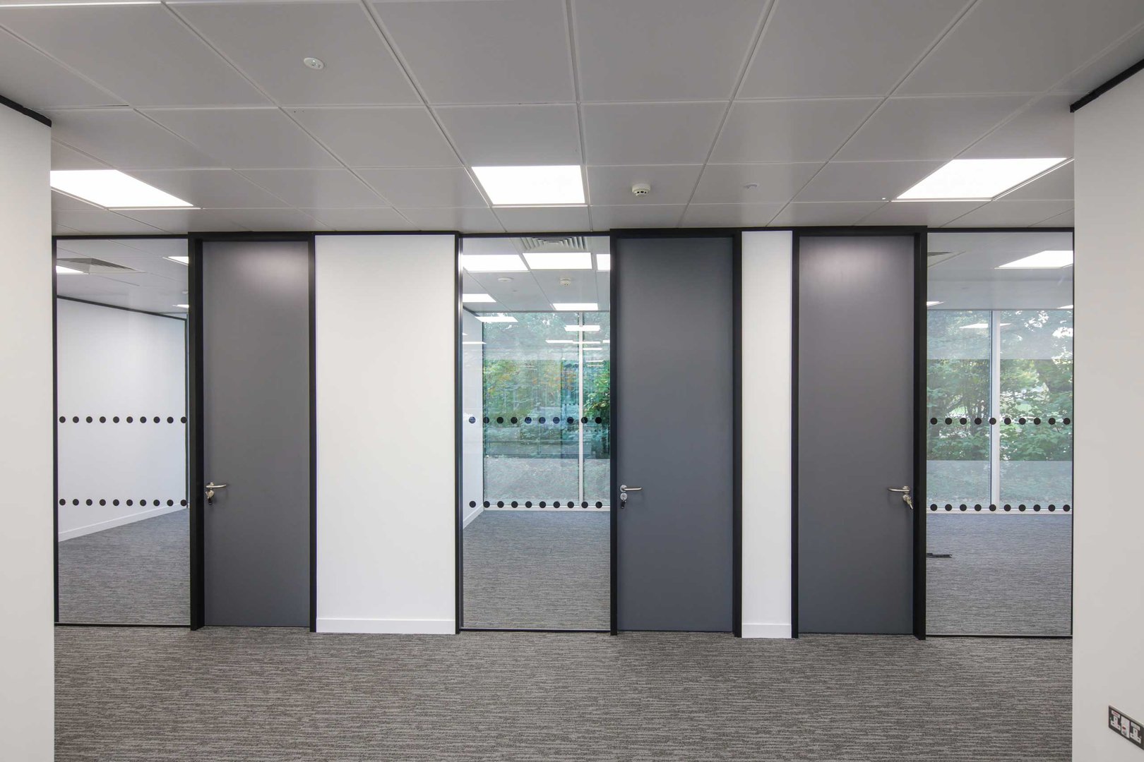 Modern office interior with gray doors, glass walls, and carpeted floor, viewed from inside.
