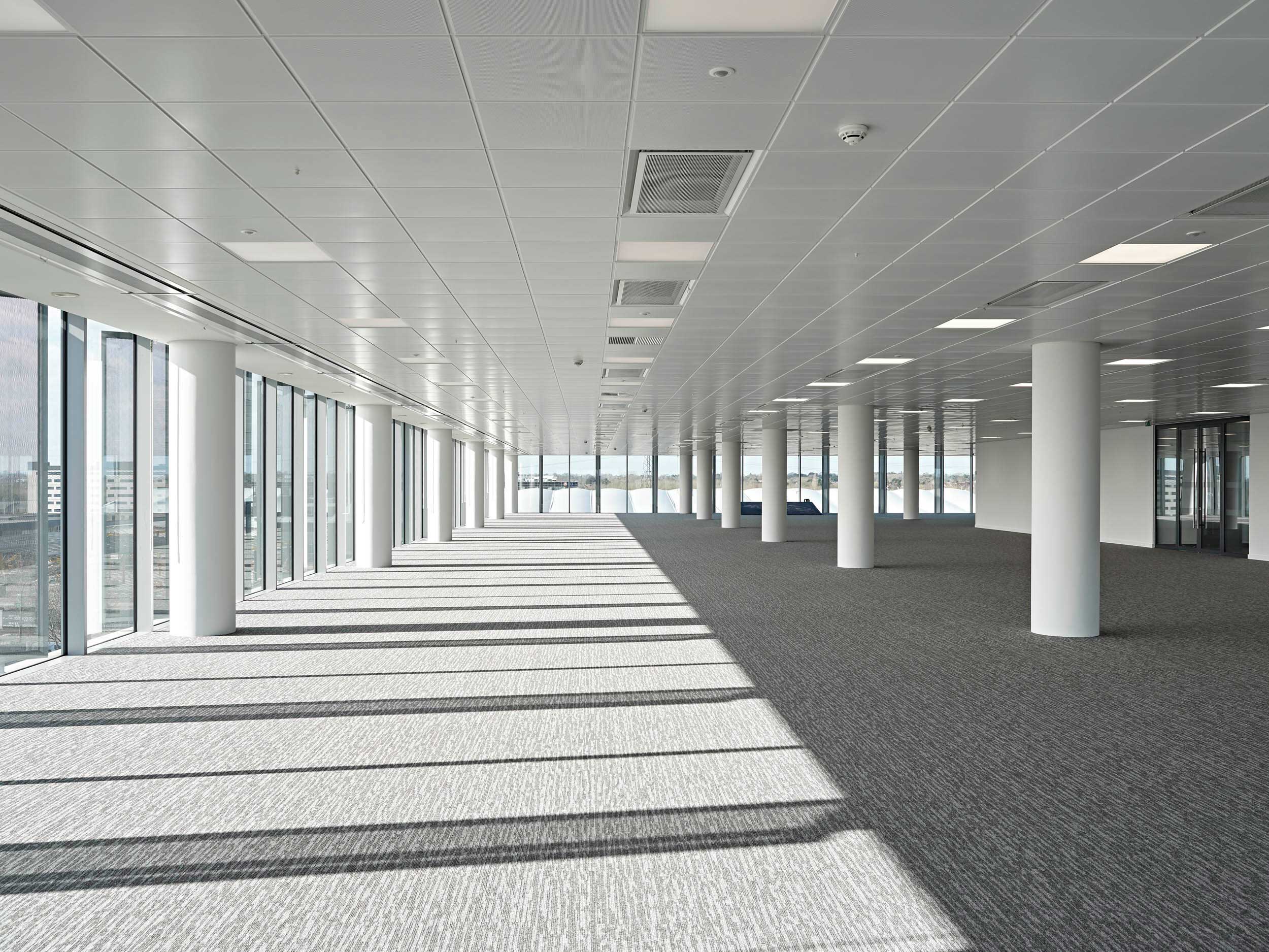Empty modern office space with large windows, white columns, and gray carpeted flooring.