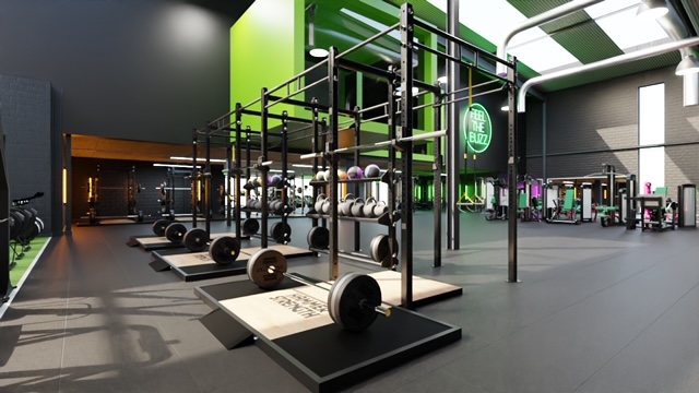 A modern gym with squat racks, dumbbells, and various exercise equipment. Walls are green and black, and lighting is bright.