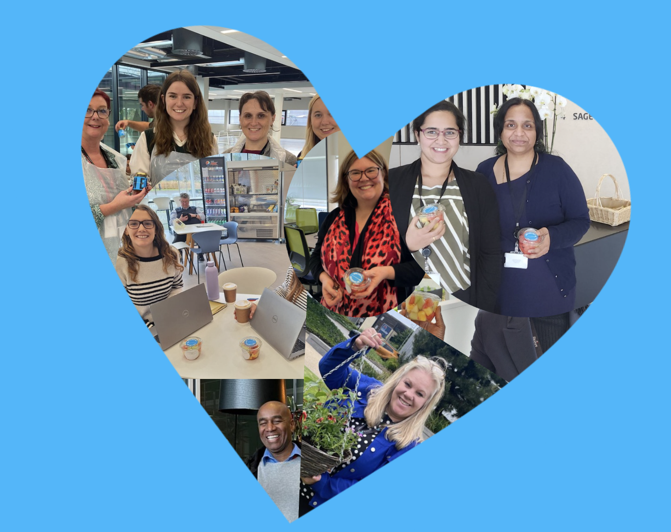 Collage of people smiling and holding ice cream or plants, set within a heart-shaped border with a blue background.