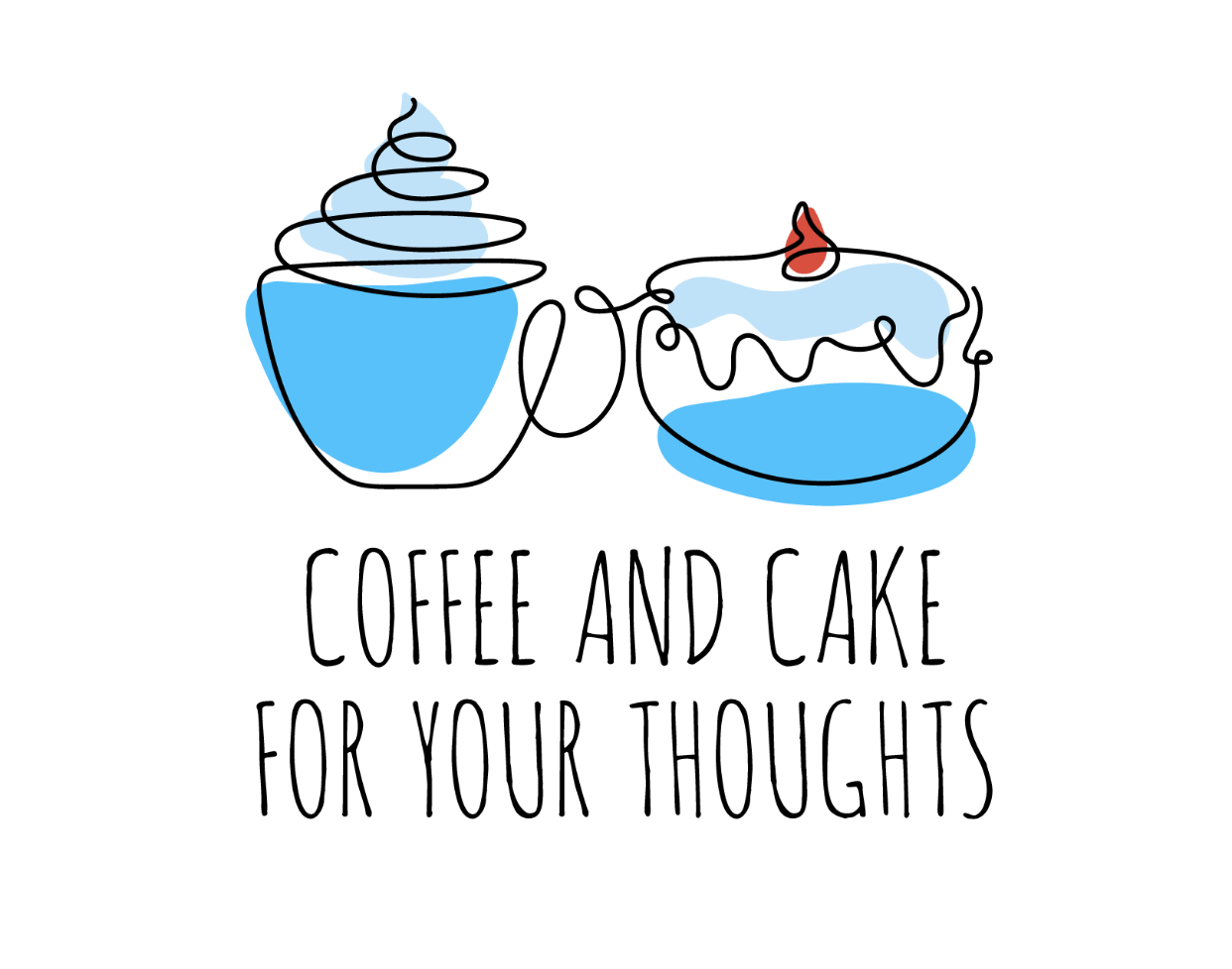 A cup of coffee with whipped cream and a slice of cake with icing and cherry, plus text.
