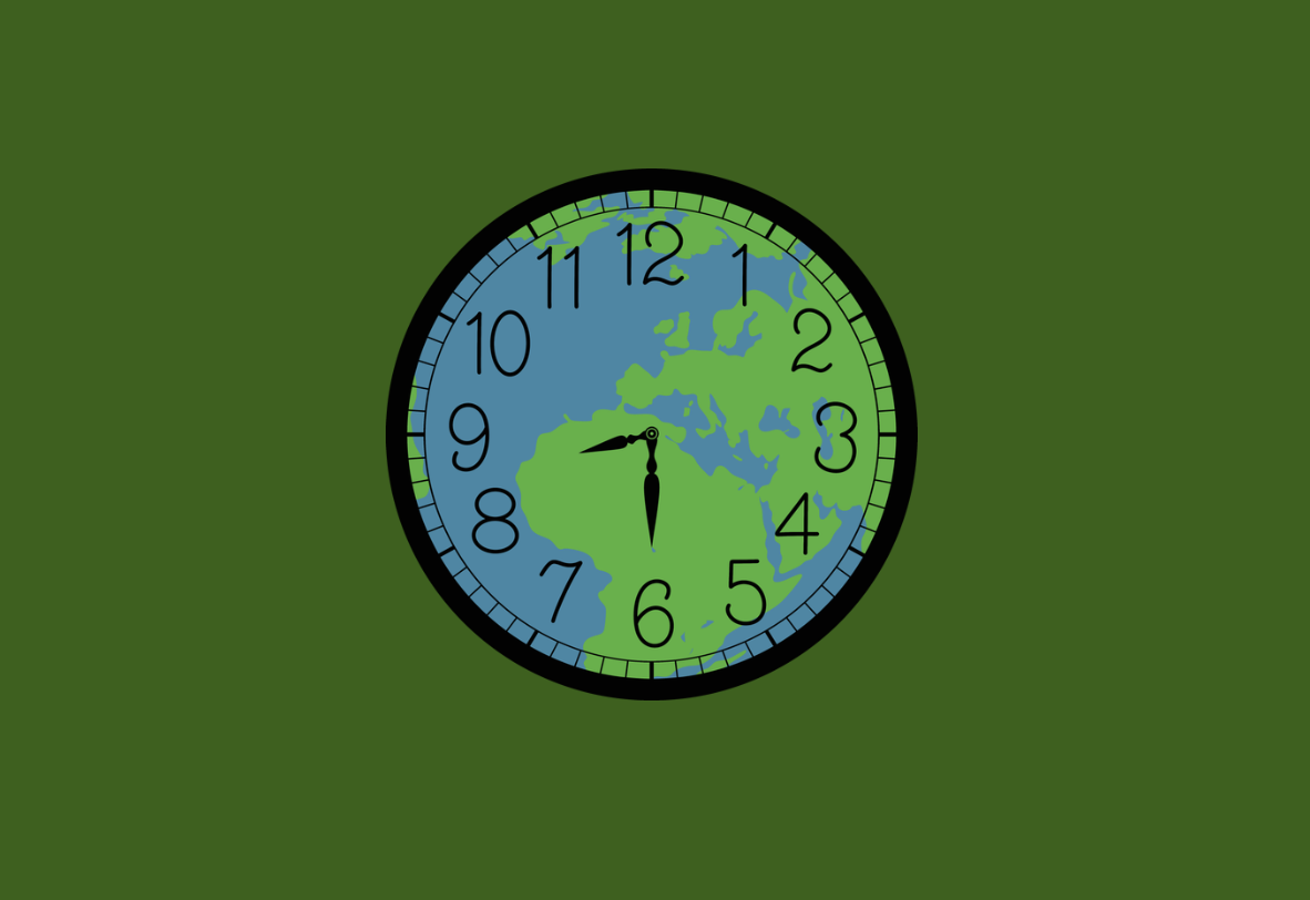 Analog clock with a world map face, showing the time as 8:30, on a green background.