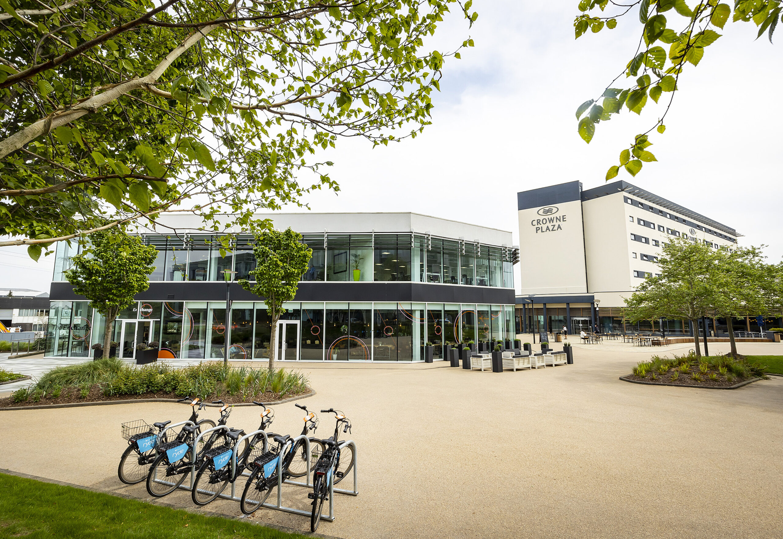 Modern hotel building labelled Crowne Plaza with a glass-fronted café, bike rack, and trees in the foreground on a clear day.