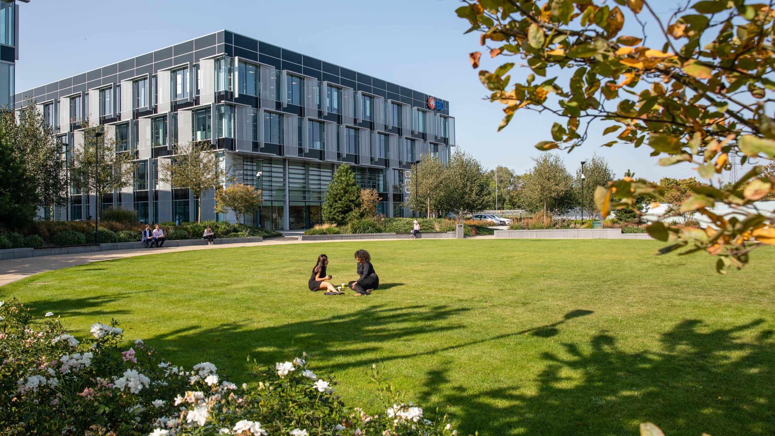 Two people sit on a grassy lawn in front of a modern glass building, surrounded by trees and landscaped greenery on a sunny day.