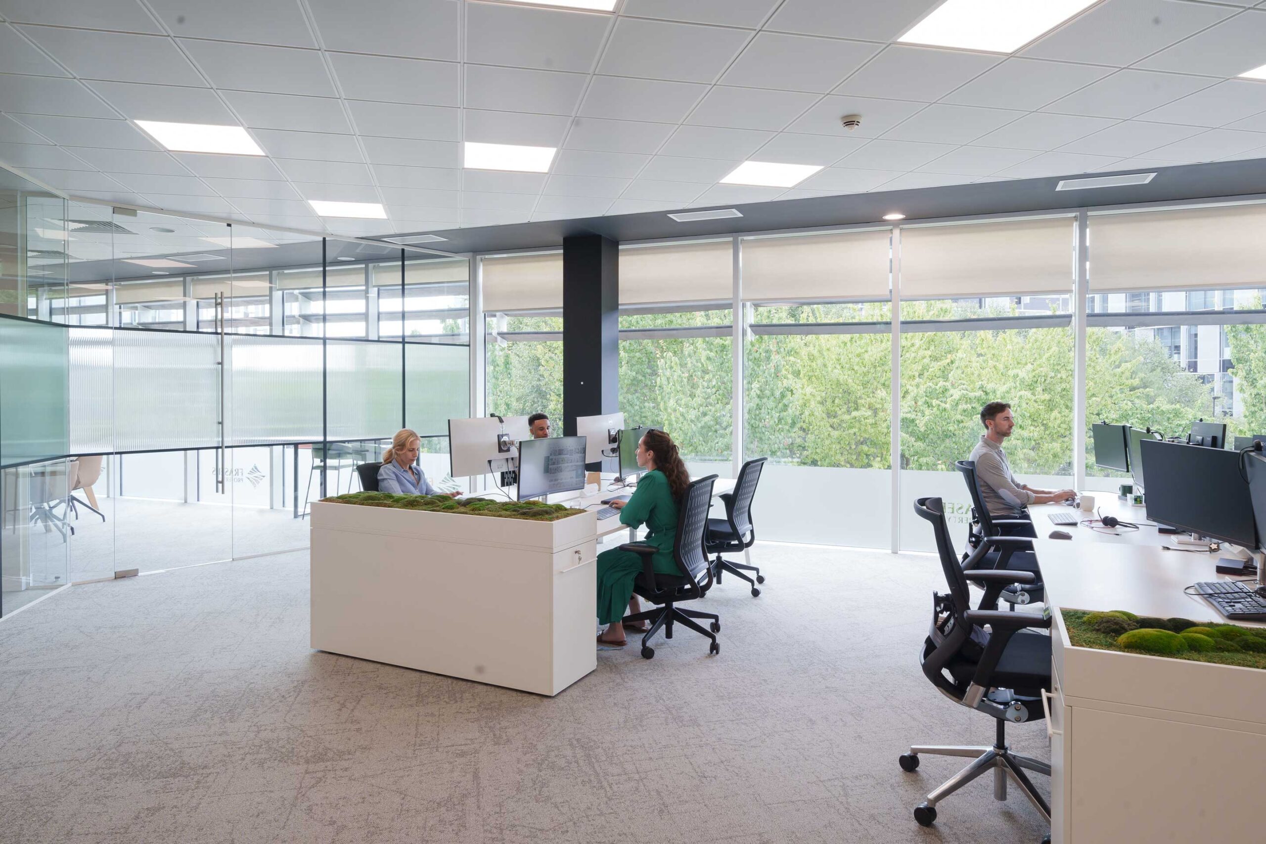 Four people work at desks with computers in a modern, open-plan office with large windows and natural light.