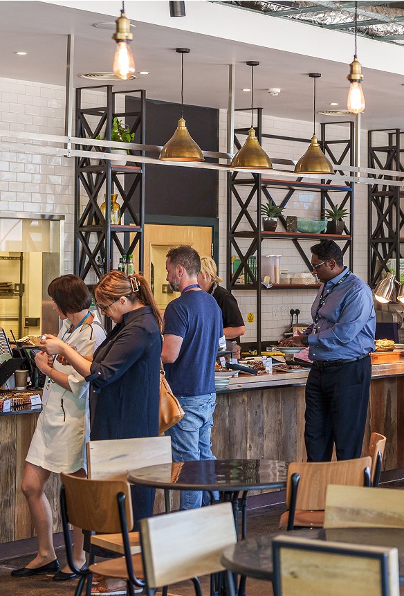 Four people stand in a queue at a café counter, with hanging lights above and shelves with plants and dishes in the background.