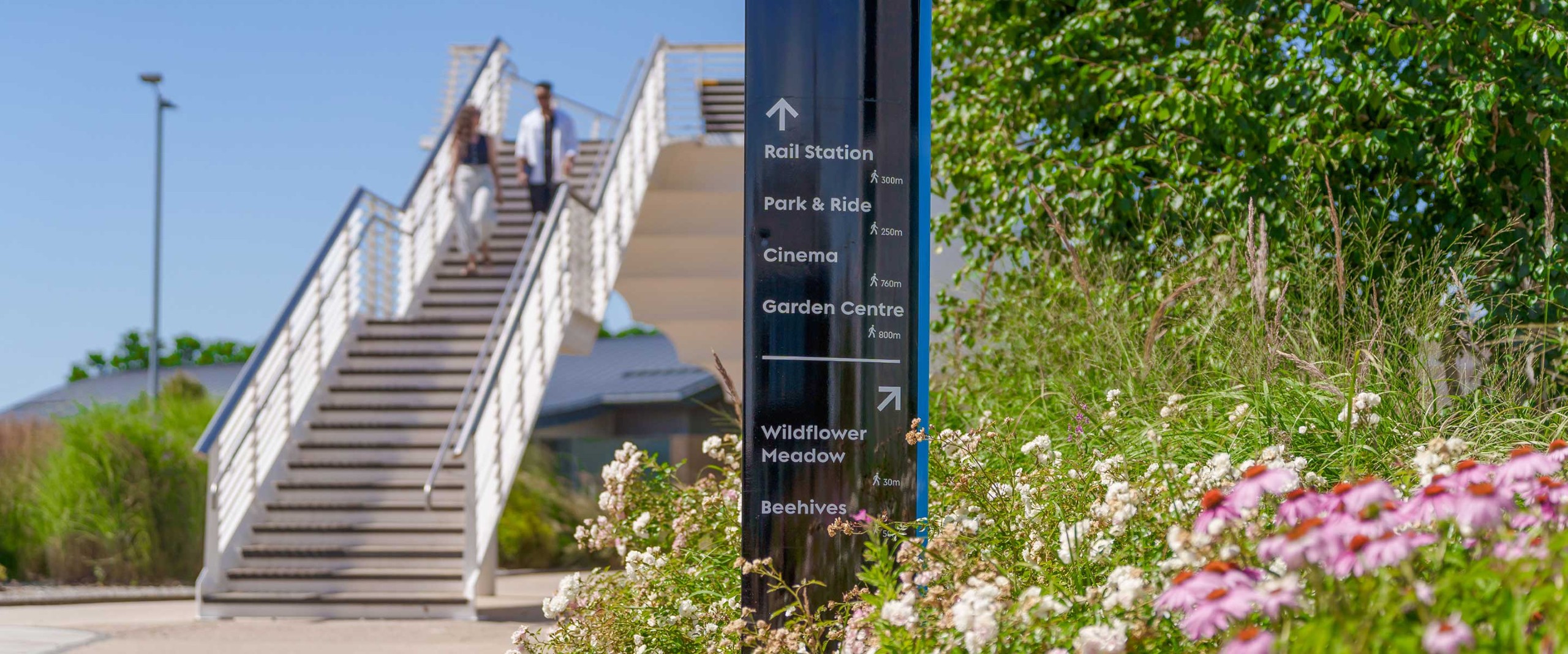 A signpost lists directions and distances to nearby locations beside a wildflower garden, with a staircase and two people in the background.