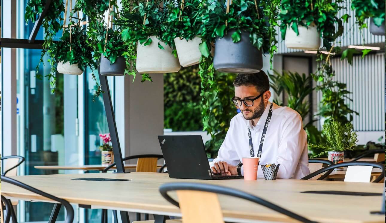 A man works on a laptop at a wooden table in a modern office with hanging potted plants and natural light.