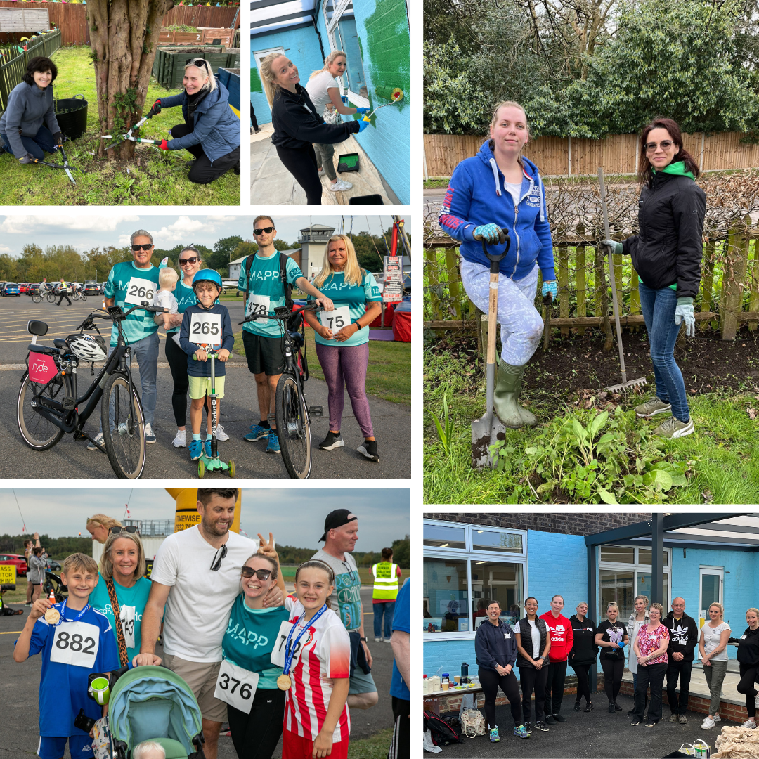 A collage shows people gardening, painting, cycling, and posing at community events, including groups by bikes, in race kit, and outside a building.